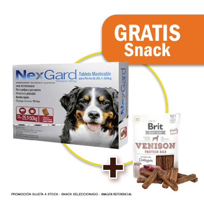 Pack Nexgard para perros de 25.1 - 50 kg de peso contiene 3 unidades + Snack Jerky Venison Gratis