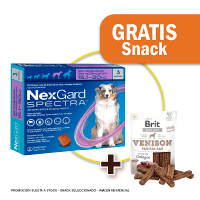 Pack Nexgard Spectra por 3 tabletas para perros de 15.1 - 30 Kg + Snack Jerky Venison Gratis