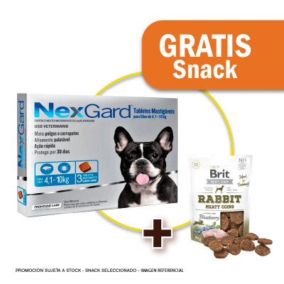 Pack Nexgard para perros de 4.1 - 10 kg de peso contiene 3 unidades + Snack Jerky Rabbit Gratis