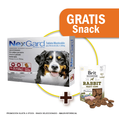 Pack Nexgard para perros de 25.1 - 50 kg de peso contiene 3 unidades + Snack Jerky Rabbit Gratis