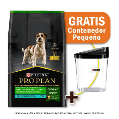 Pack Pro Plan Sensitive Skin and stomach PAVO razas pequeñas 3 Kg + Contenedor GRATIS