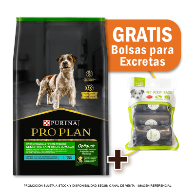 Pack Pro Plan Sensitive Skin and stomach PAVO razas pequeñas 7.5 Kg + Bolsas para Excretas Gratis