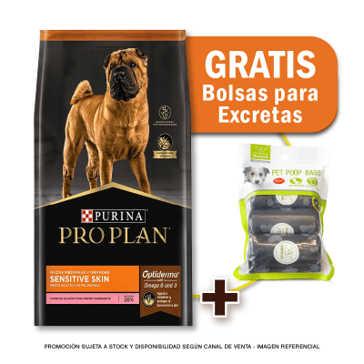 Pack Pro Plan Sensitive Skin Razas Medianas y Grandes 12 Kg + Bolsas para Excretas Gratis