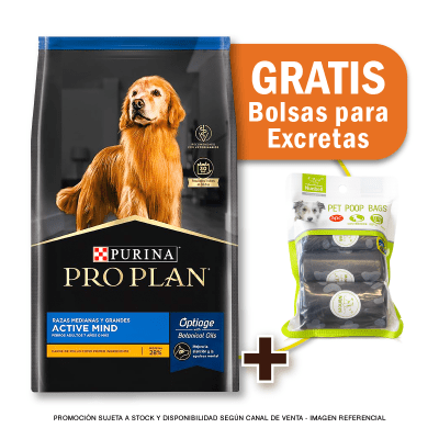 Pack Pro Plan Active Mind Razas Medianas y Grandes 15 Kg + Bolsas para Excretas Gratis