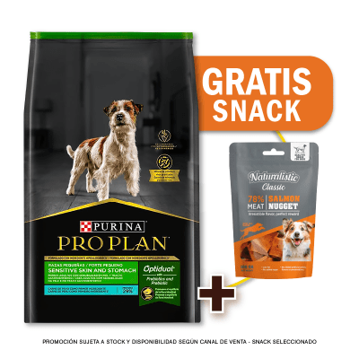 Pack Pro Plan Sensitive Skin and stomach PAVO razas pequeñas 7.5 Kg + Snack de Regalo
