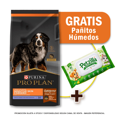 Pack Pro Plan adulto cordero Sensitive Skin 15 Kg + Toallitas Húmedas Gratis