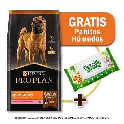 Pack Pro Plan Sensitive Skin Razas Medianas y Grandes 12 Kg + Toallitas Húmedas Gratis