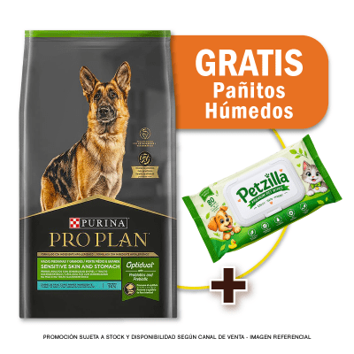 Pack Pro Plan Sensitive Skin and stomach PAVO razas medianas y grandes 12 Kg + Toallitas Húmedas Gra
