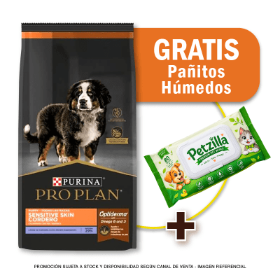 Pack Pro Plan cachorro cordero Sensitive Skin 15 Kg + Toallitas Húmedas Gratis