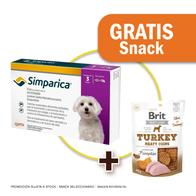 Pack Simparica 10 mg (2.5 a 5 kg) x 3 tabletas + Snack Jerky Turkey de Regalo