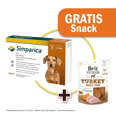 Pack Simparica 20 mg (5 a 10 kg) x 3 tabletas + Snack Jerky Turkey de Regalo
