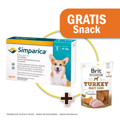 Pack Simparica 40 mg (10 a 20 kg) x 3 tabletas + Snack Jerky Turkey de Regalo