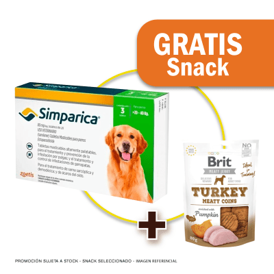 Pack Simparica 80 mg (20 a 40 kg) x 3 tabletas + Snack Jerky Turkey de Regalo