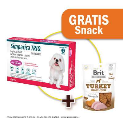 Pack Simparica Trio (2.5 - 5 Kg) x 3 tabletas + Snack Jerky Turkey de Regalo