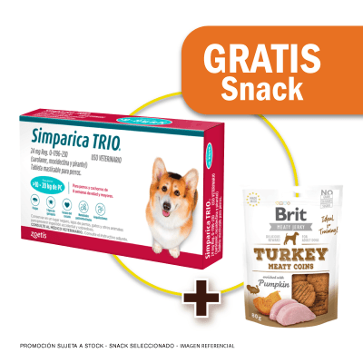 Pack Simparica Trio (10 - 20 Kg) x 3 tabletas + Snack Jerky Turkey de Regalo