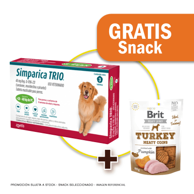 Pack Simparica Trio (20 a 40 Kg) x 3 tabletas + Snack Jerky Turkey de Regalo
