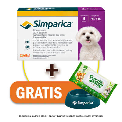 Pack Simparica 10 mg (2.5 a 5 kg) x 3 tabletas + Pañitos Húmedos y Plato GRATIS