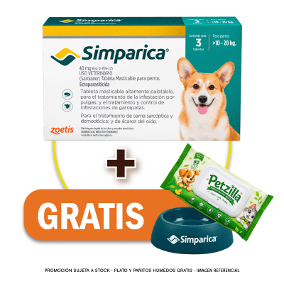 Pack Simparica 40 mg (10 a 20 kg) x 3 tabletas + Pañitos Húmedos y Plato GRATIS