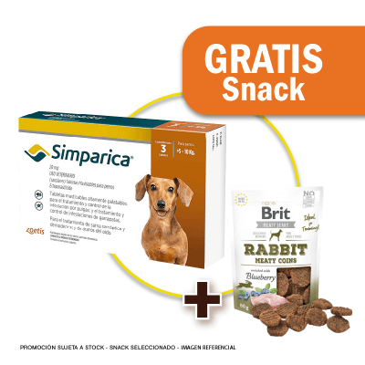 Pack Simparica 20 mg (5 a 10 kg) x 3 tabletas + Snack Jerky Rabbit de Regalo