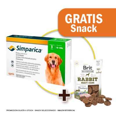 Pack Simparica 80 mg (20 a 40 kg) x 3 tabletas + Snack Jerky Rabbit de Regalo