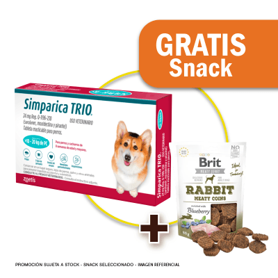 Pack Simparica Trio (10 - 20 Kg) x 3 tabletas + Snack Jerky Rabbit de Regalo