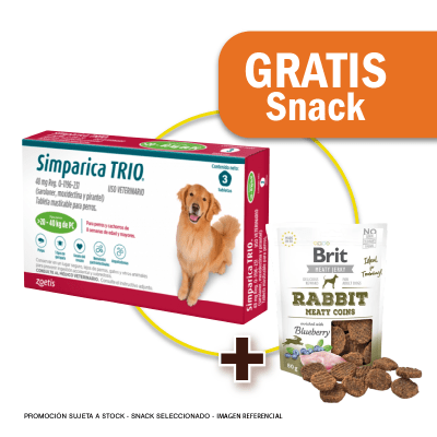 Pack Simparica Trio (20 a 40 Kg) x 3 tabletas + Snack Jerky Rabbit de Regalo