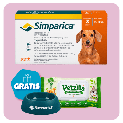 Promo Simparica 20 mg (5 a 10 kg) x 3 tabletas + Pañitos Húmedos y Plato GRATIS1