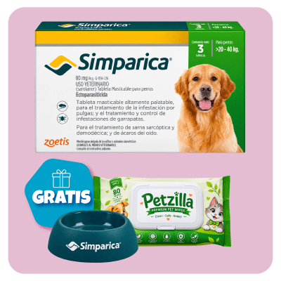 Promo Simparica 80 mg (20 a 40 kg) x 3 tabletas + Pañitos Húmedos y Plato GRATIS1