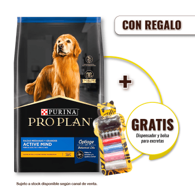 Pack Pro Plan Active Mind Razas Medianas y Grandes 15 Kg + Bolsas y dispensador excretas Gratis