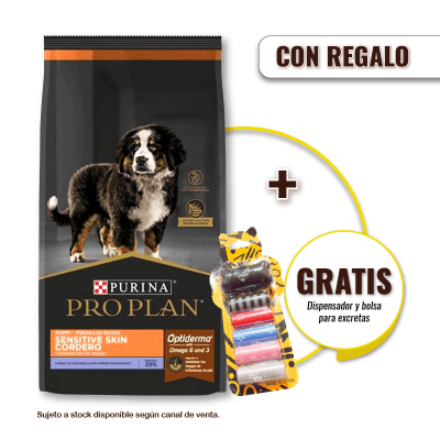 Pack Pro Plan cachorro cordero Sensitive Skin 15 Kg + Dispensador y Bolsas para Desechos Gratis