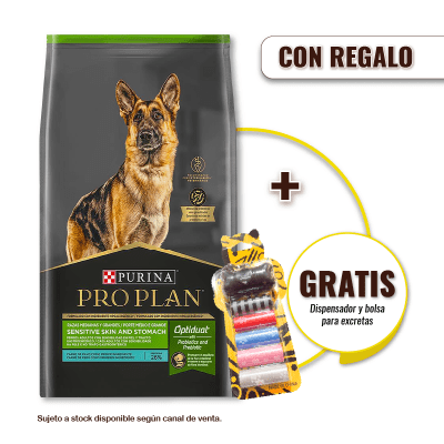 Pack Pro Plan Sensitive Skin and stomach PAVO razas medianas y grandes 12 Kg + Dispensador y Bolsas para Excretas Gratis