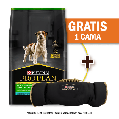 Pack Pro Plan Sensitive Skin and stomach PAVO razas pequeñas 7.5 Kg + Cama Enrollable