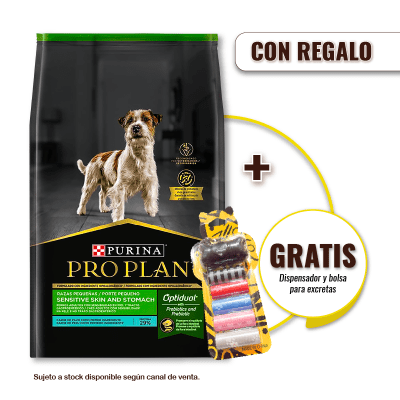 Pack Pro Plan Sensitive Skin and stomach PAVO razas pequeñas 7.5 Kg + Dispensador y Bolsas para Excretas Gratis