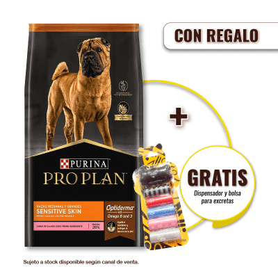 Pack Pro Plan Sensitive Skin Razas Medianas y Grandes 12 Kg + Dispensador y Bolsas para Excretas Gratis