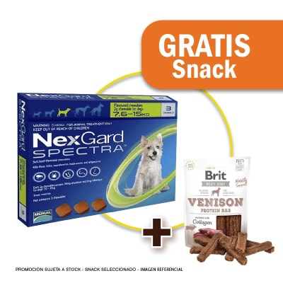 Pack Nexgard Spectra por 3 tabletas para perros de 7.6 - 15 Kg + Snack Jerky Venison Gratis - vcto c