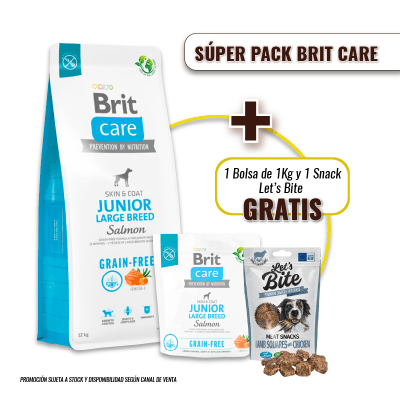 Pack Brit Care GF Junior Large Breed Salmon & Potato 12 Kg + 1kg GRATIS + Snack