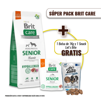 Pack Brit Care Senior Lamb & rice 12 Kg + 1kg GRATIS + Snack
