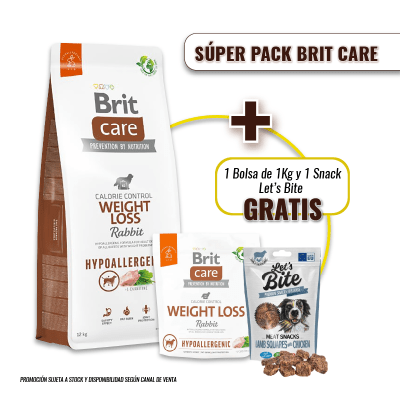 Pack Brit Care Weight Loss Rabbit & Rice 12 Kg + 1kg GRATIS + Snack