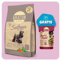 Promo Araton dog adulto Small Bites salmon 3 Kg + Pouch Beef and Rabbit de Regalo