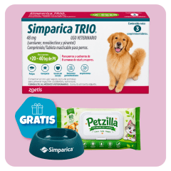 Promo Simparica Trio (20 a 40 Kg) x 3 tabletas + Pañitos Húmedos y Plato GRATIS