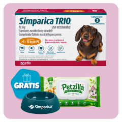 Promo Simparica Trio ( 5 a 10 Kg) x 3 tabletas + Pañitos Húmedos y Plato GRATIS