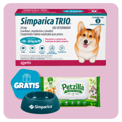 Promo Simparica Trio (10 - 20 Kg) x 3 tabletas + Pañitos Húmedos y Plato GRATIS