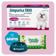 Promo Simparica Trio (2.5 - 5 Kg) x 3 tabletas + Pañitos Húmedos y Plato GRATIS