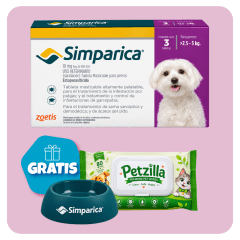 Promo Simparica 10 mg (2.5 a 5 kg) x 3 tabletas + Pañitos Húmedos y Plato GRATIS