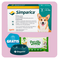Promo Simparica 40 mg (10 a 20 kg) x 3 tabletas + Pañitos Húmedos y Plato GRATIS