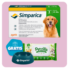 Promo Simparica 80 mg (20 a 40 kg) x 3 tabletas + Pañitos Húmedos y Plato GRATIS