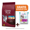 Pack Gran Plus Gato adulto castrado pollo y arroz 3 Kg + Arena de Regalo1