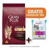 Pack Gran Plus gato adulto pollo y arroz 3 Kg + Arena de Regalo1