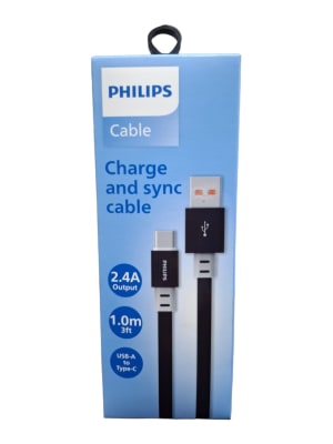 CABLE PHILIPS USB 3.0 A USB-C - 2,4 AMP 1M CABLE PLANO - BLACK