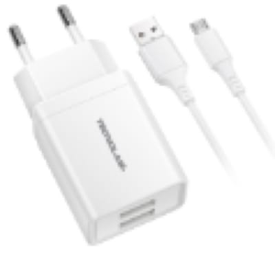CARGADOR CELULAR 2.1A - 2 USB CON CABLE MICRO USB - WHITE TL461